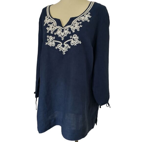 JM Collection Linen Shirt Sz 8 Top Tunic Navy Blue Embroidered Beaded Blouse. - Picture 7 of 16